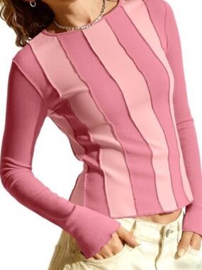 Tankaneo Pink Vertical Striped Long Sleeve Top Womens Medium Lettuce Edge NWT